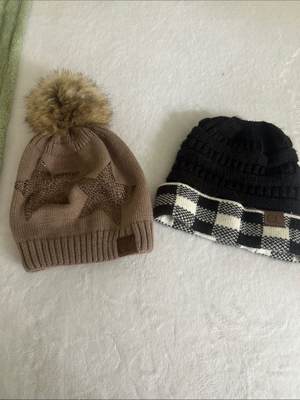 CC Boutique Brown Pom Beanie & Black Checked Cuff Hat